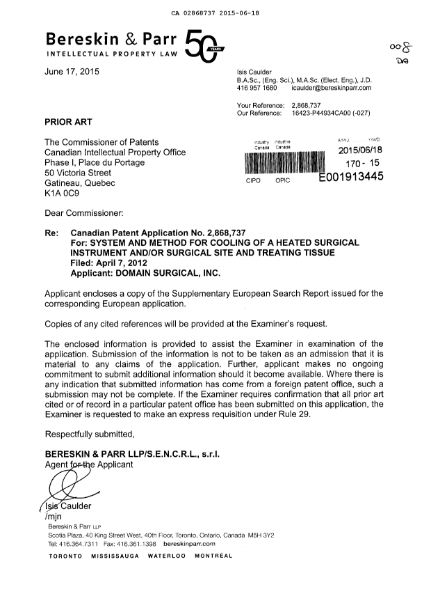 Document de brevet canadien 2868737. Modification 20150618. Image 1 de 1