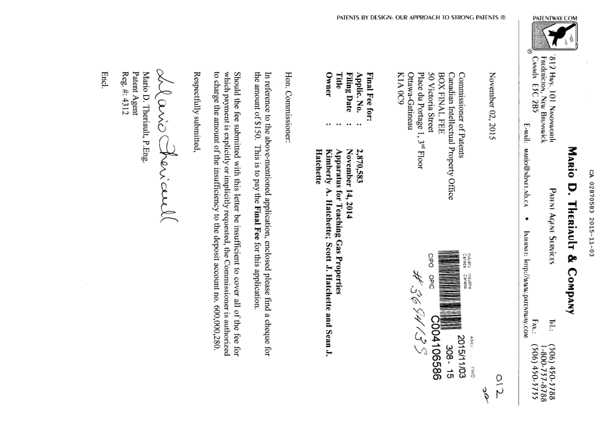 Canadian Patent Document 2870583. Final Fee 20151103. Image 1 of 2