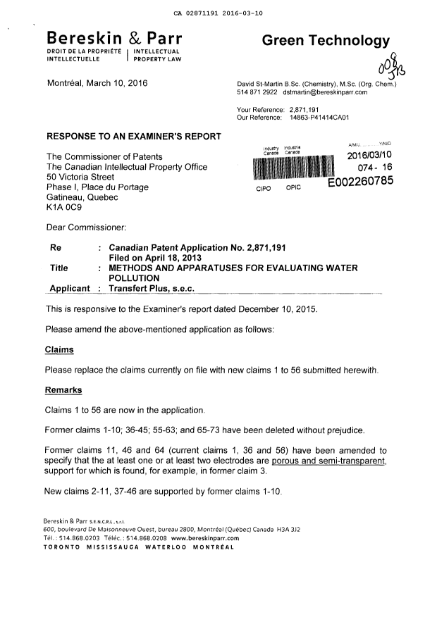 Canadian Patent Document 2871191. Prosecution-Amendment 20151210. Image 1 of 14