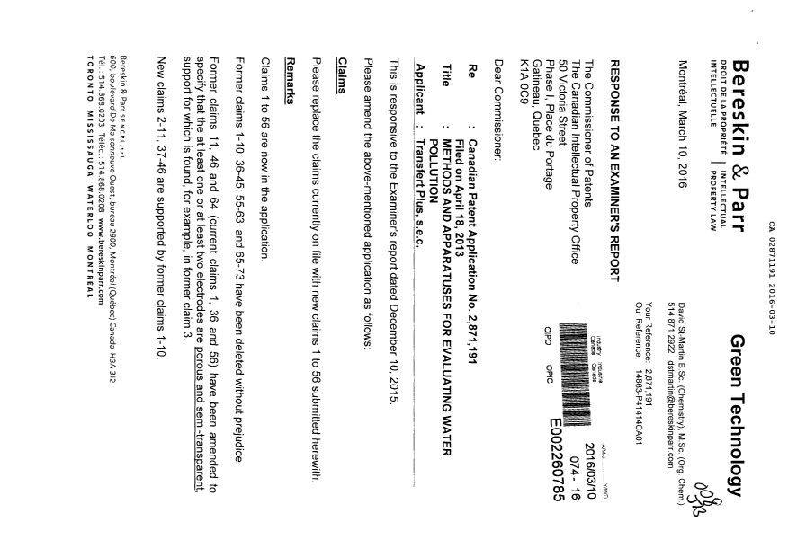 Canadian Patent Document 2871191. Prosecution-Amendment 20151210. Image 1 of 14