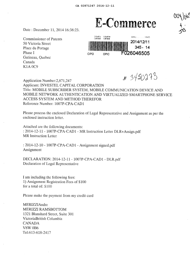 Canadian Patent Document 2871247. Correspondence 20141211. Image 1 of 4