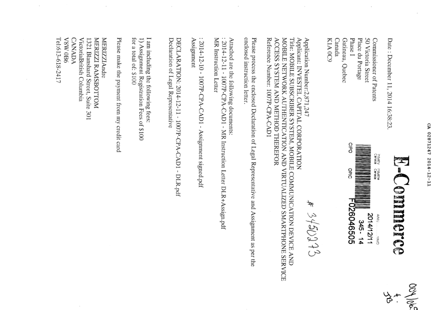 Document de brevet canadien 2871247. Correspondance 20141211. Image 1 de 4