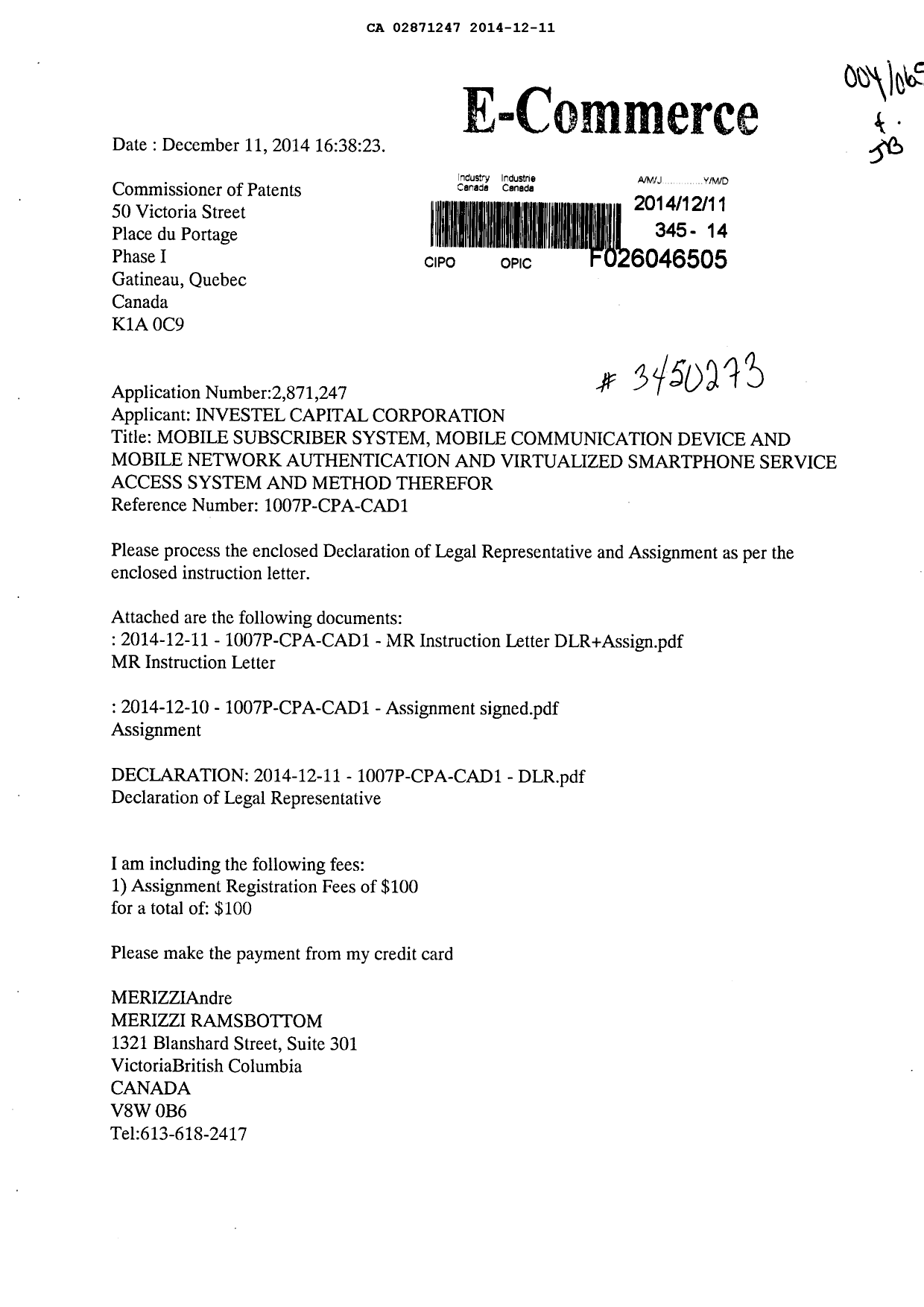 Document de brevet canadien 2871247. Correspondance 20141211. Image 1 de 4