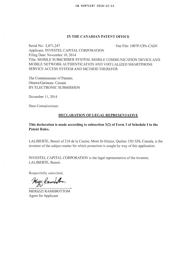 Document de brevet canadien 2871247. Correspondance 20141211. Image 4 de 4