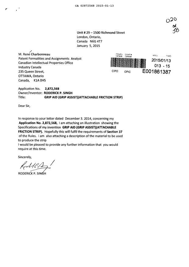 Document de brevet canadien 2872568. Correspondance 20150113. Image 1 de 3