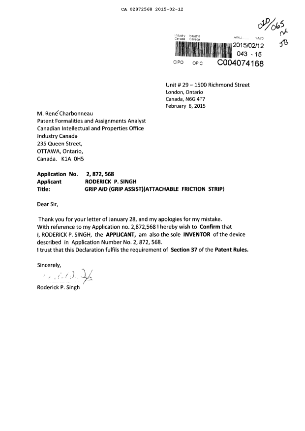 Document de brevet canadien 2872568. Correspondance 20150212. Image 1 de 1