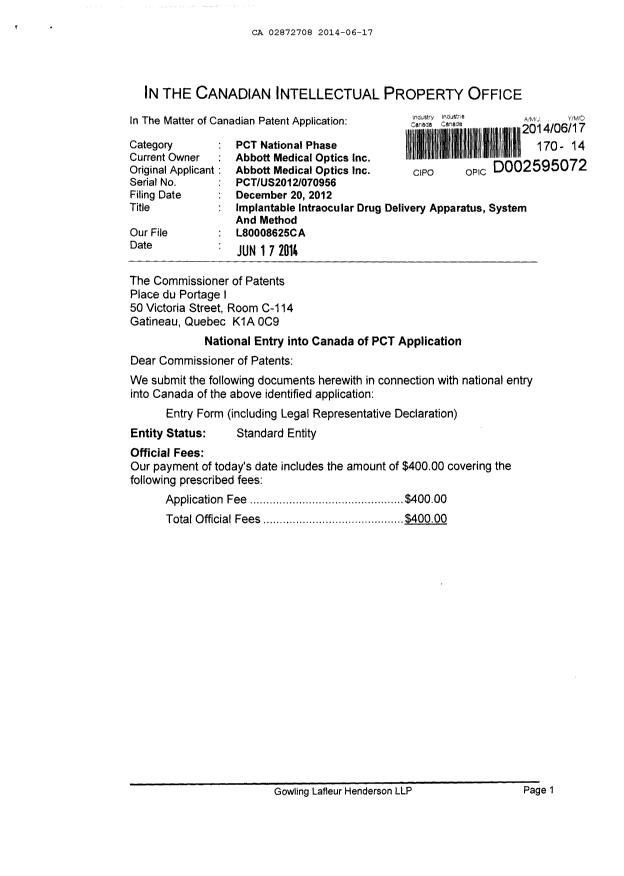 Document de brevet canadien 2872708. Cession 20140617. Image 1 de 3