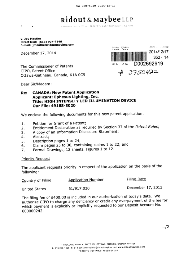 Document de brevet canadien 2875019. Cession 20141217. Image 1 de 5