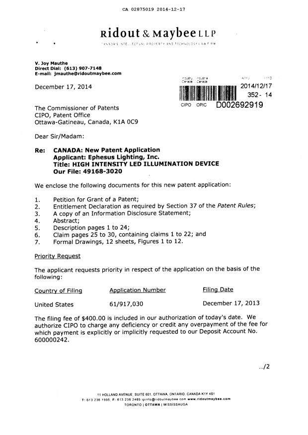 Document de brevet canadien 2875019. Poursuite-Amendment 20141217. Image 1 de 1