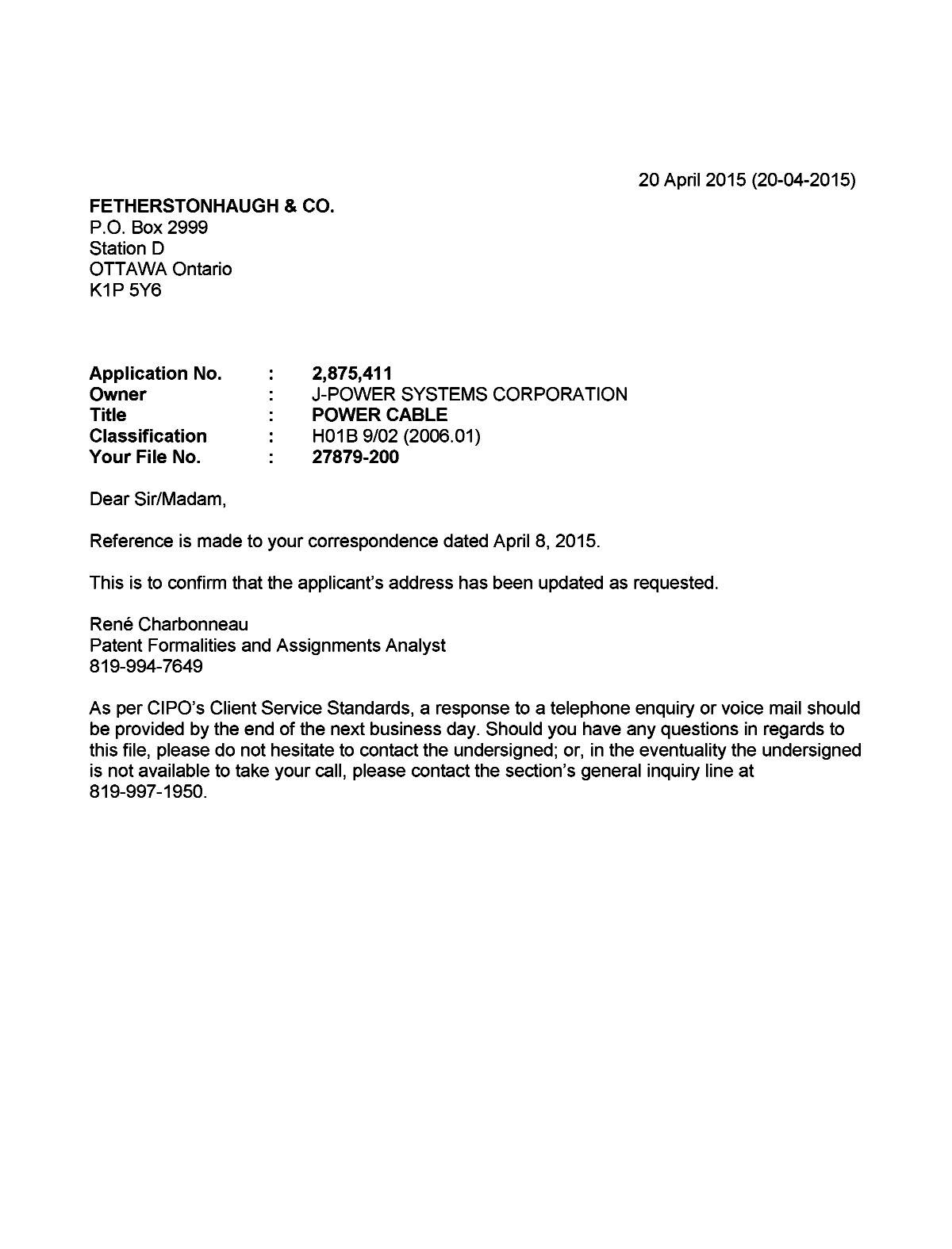 Canadian Patent Document 2875411. Correspondence 20150420. Image 1 of 1
