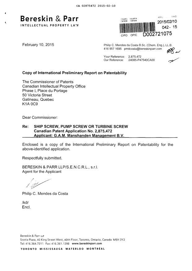 Canadian Patent Document 2875472. Prosecution-Amendment 20150210. Image 1 of 1