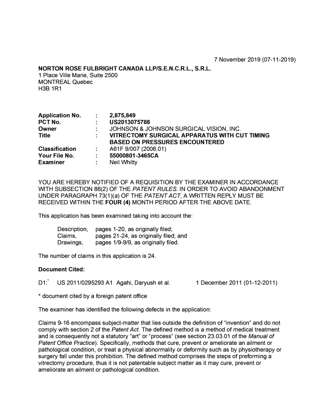 Document de brevet canadien 2875849. Demande d'examen 20191107. Image 1 de 5