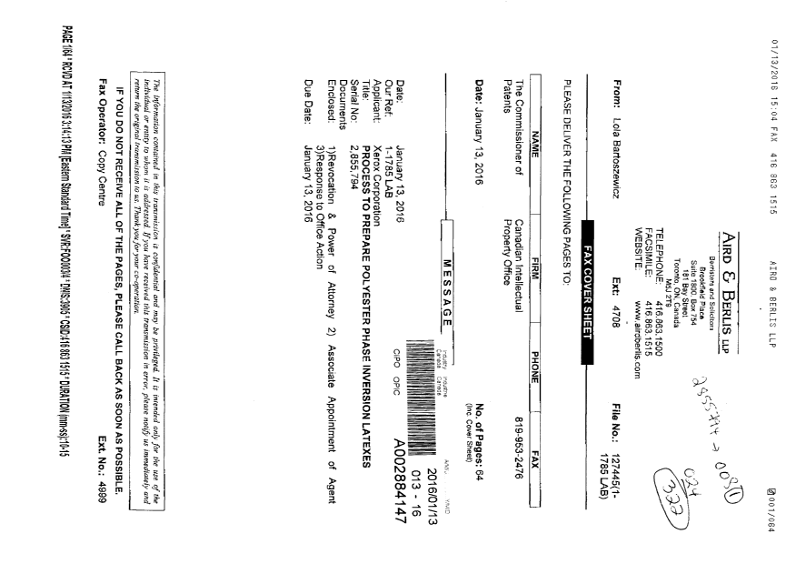 Canadian Patent Document 2875872. Correspondence 20160113. Image 1 of 2