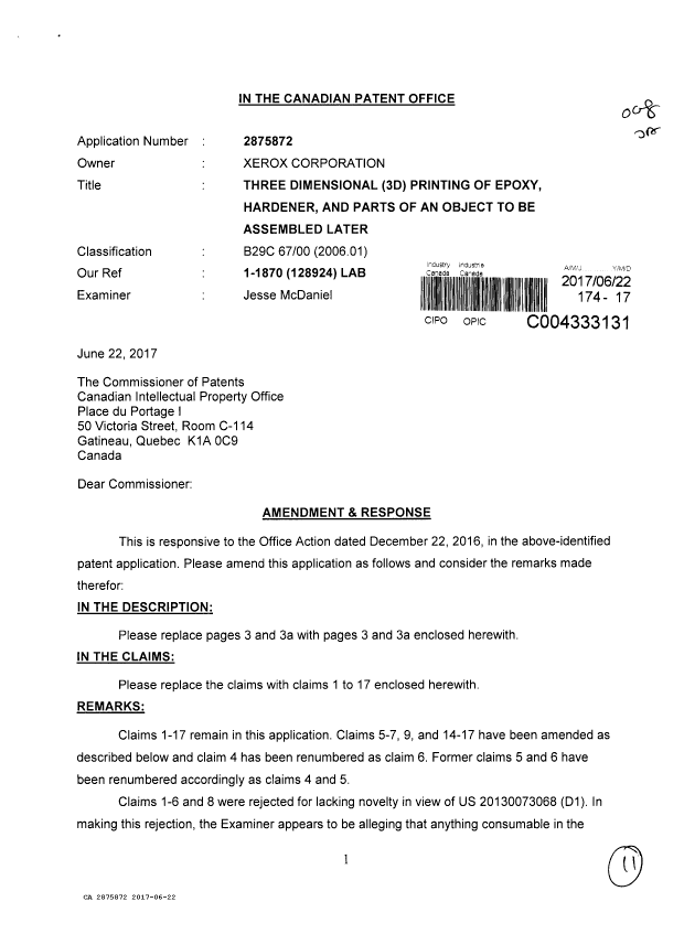 Document de brevet canadien 2875872. Modification 20170622. Image 1 de 11