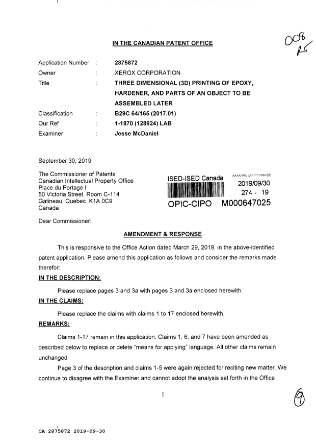 Document de brevet canadien 2875872. Modification 20190930. Image 1 de 9