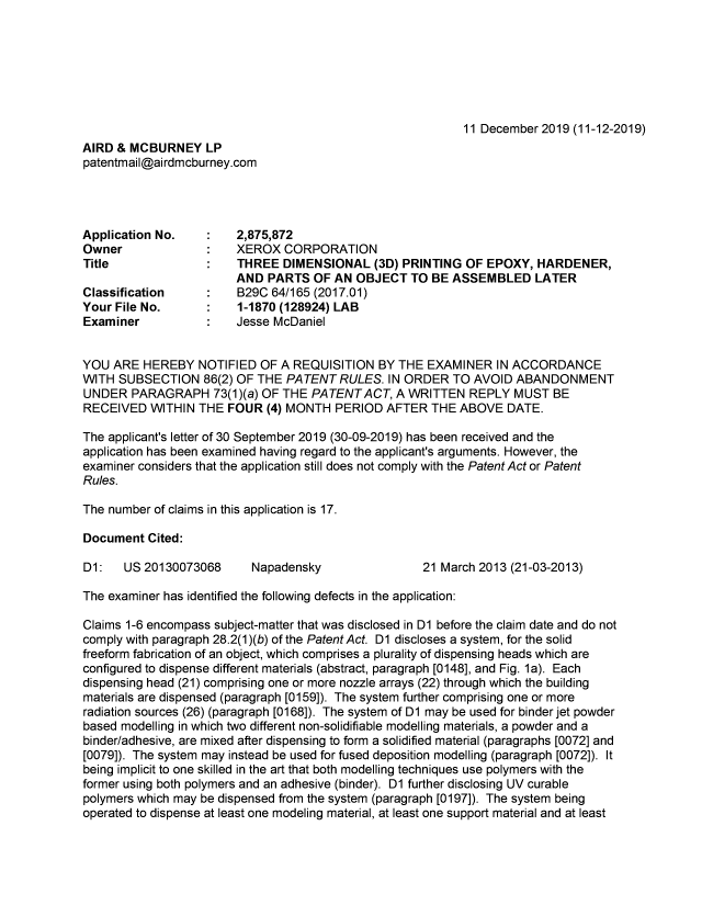 Document de brevet canadien 2875872. Demande d'examen 20191211. Image 1 de 5