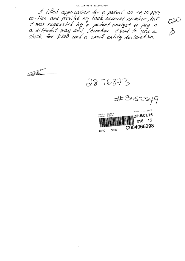 Canadian Patent Document 2876873. Correspondence 20150116. Image 1 of 3