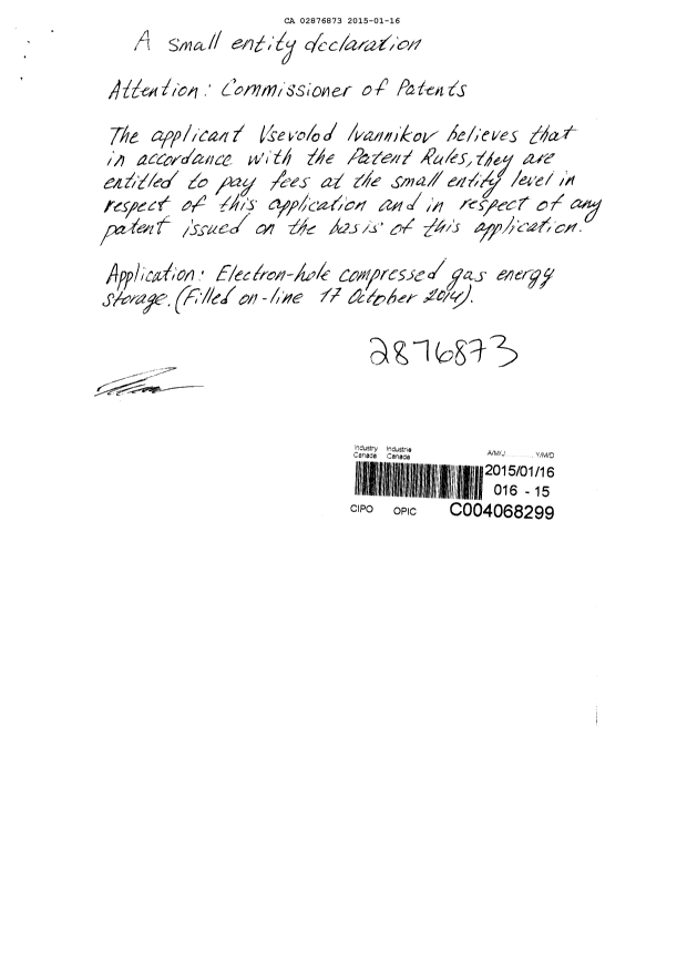 Canadian Patent Document 2876873. Correspondence 20150116. Image 2 of 3
