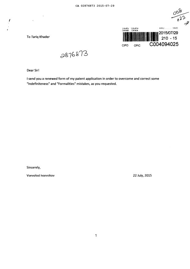 Document de brevet canadien 2876873. Poursuite-Amendment 20150729. Image 1 de 7