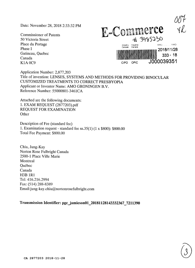 Document de brevet canadien 2877203. Requête d'examen 20181128. Image 1 de 3