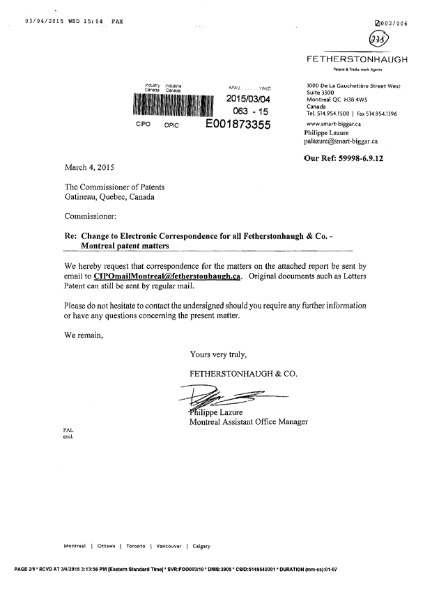Document de brevet canadien 2877889. Correspondance 20141204. Image 1 de 3