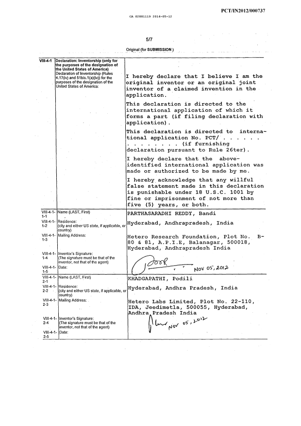 Document de brevet canadien 2881119. PCT 20140512. Image 1 de 3