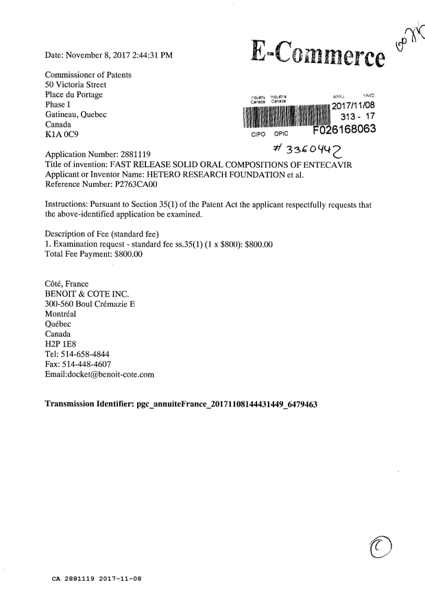Document de brevet canadien 2881119. Requête d'examen 20171108. Image 1 de 1
