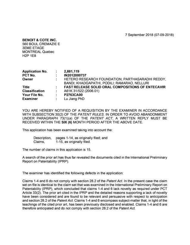 Document de brevet canadien 2881119. Demande d'examen 20180907. Image 1 de 4