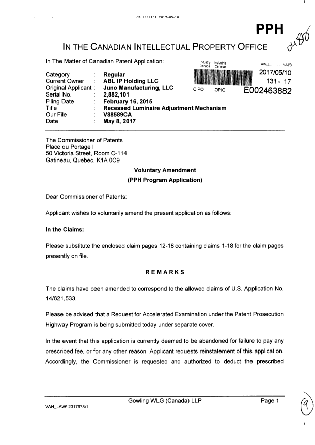Document de brevet canadien 2882101. Modification 20170510. Image 1 de 9
