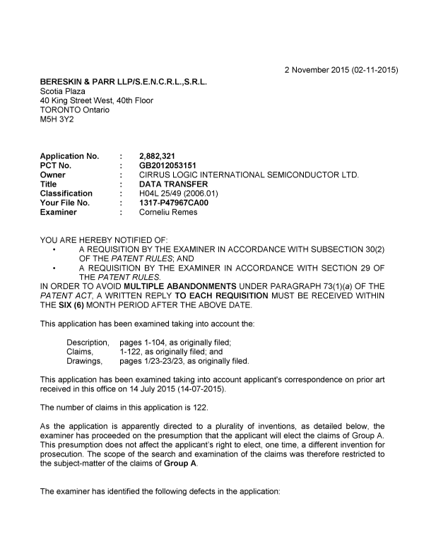 Canadian Patent Document 2882321. Examiner Requisition 20151102. Image 1 of 6