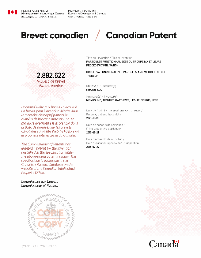Canadian Patent Document 2882622. Electronic Grant Certificate 20211109. Image 1 of 1