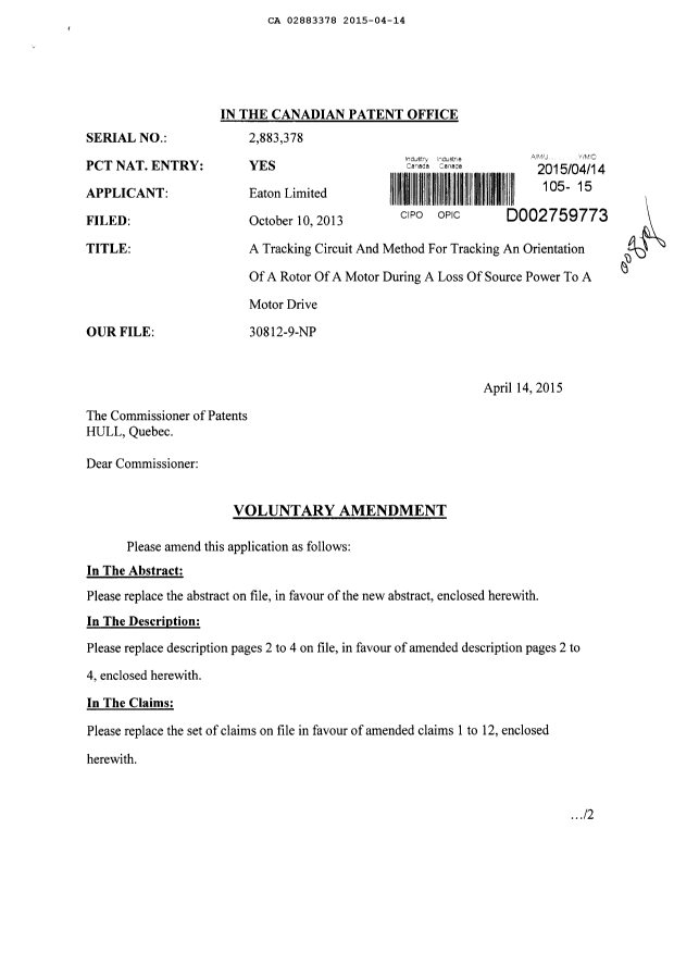Canadian Patent Document 2883378. Prosecution-Amendment 20150414. Image 1 of 9