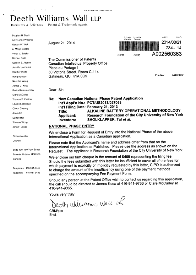 Document de brevet canadien 2886256. Cession 20140821. Image 1 de 3