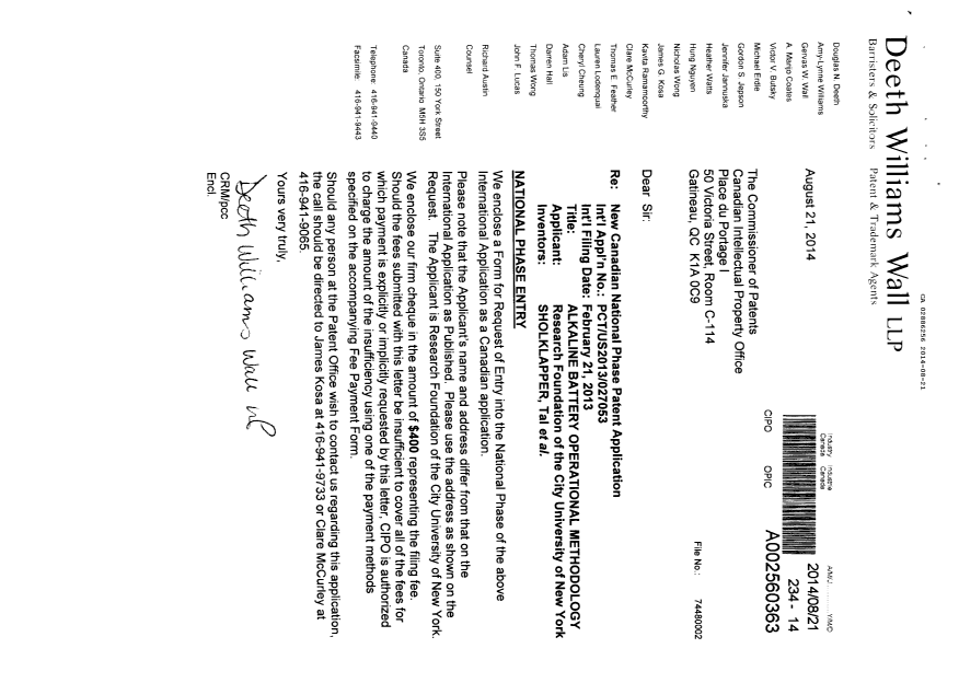 Canadian Patent Document 2886256. Assignment 20140821. Image 1 of 3