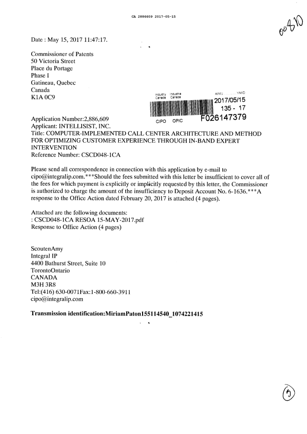 Document de brevet canadien 2886609. Modification 20170515. Image 1 de 5
