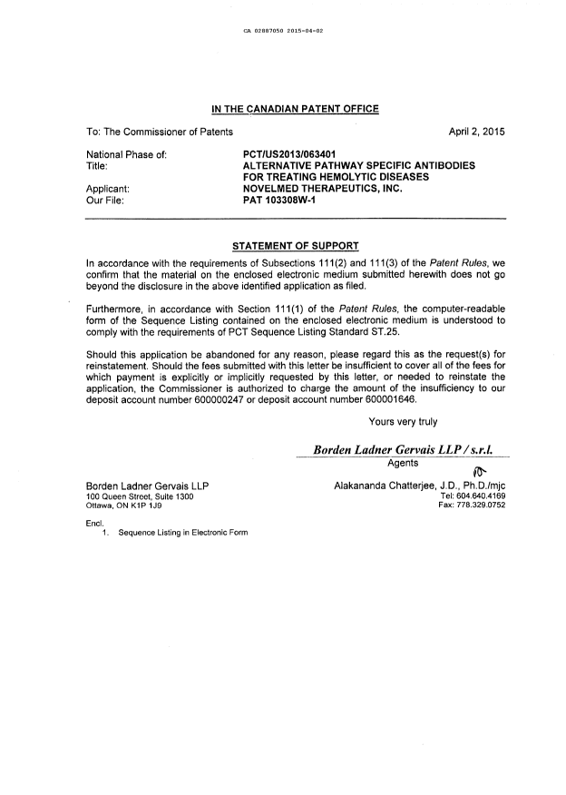 Document de brevet canadien 2887050. Poursuite-Amendment 20141202. Image 1 de 1