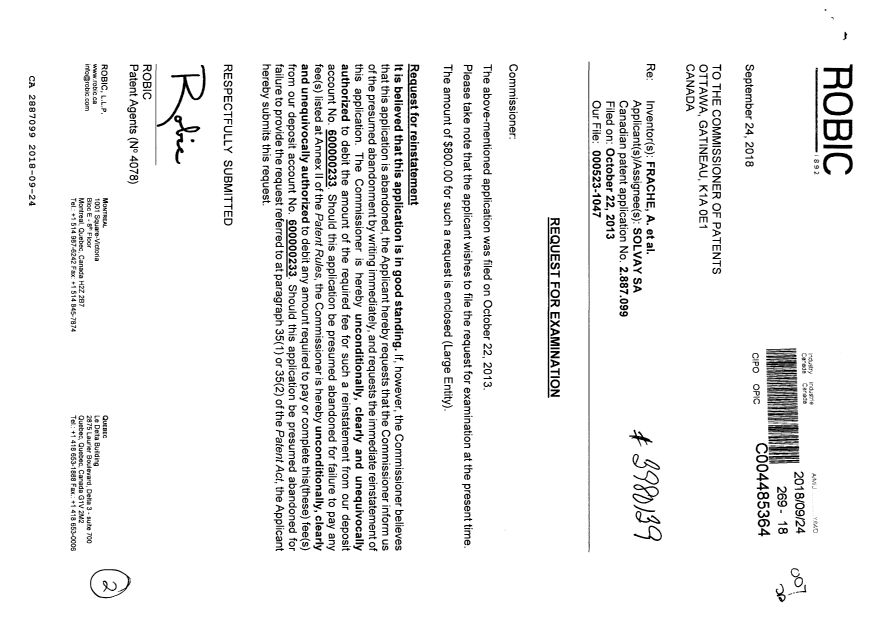 Document de brevet canadien 2887099. Requête d'examen 20180924. Image 1 de 2