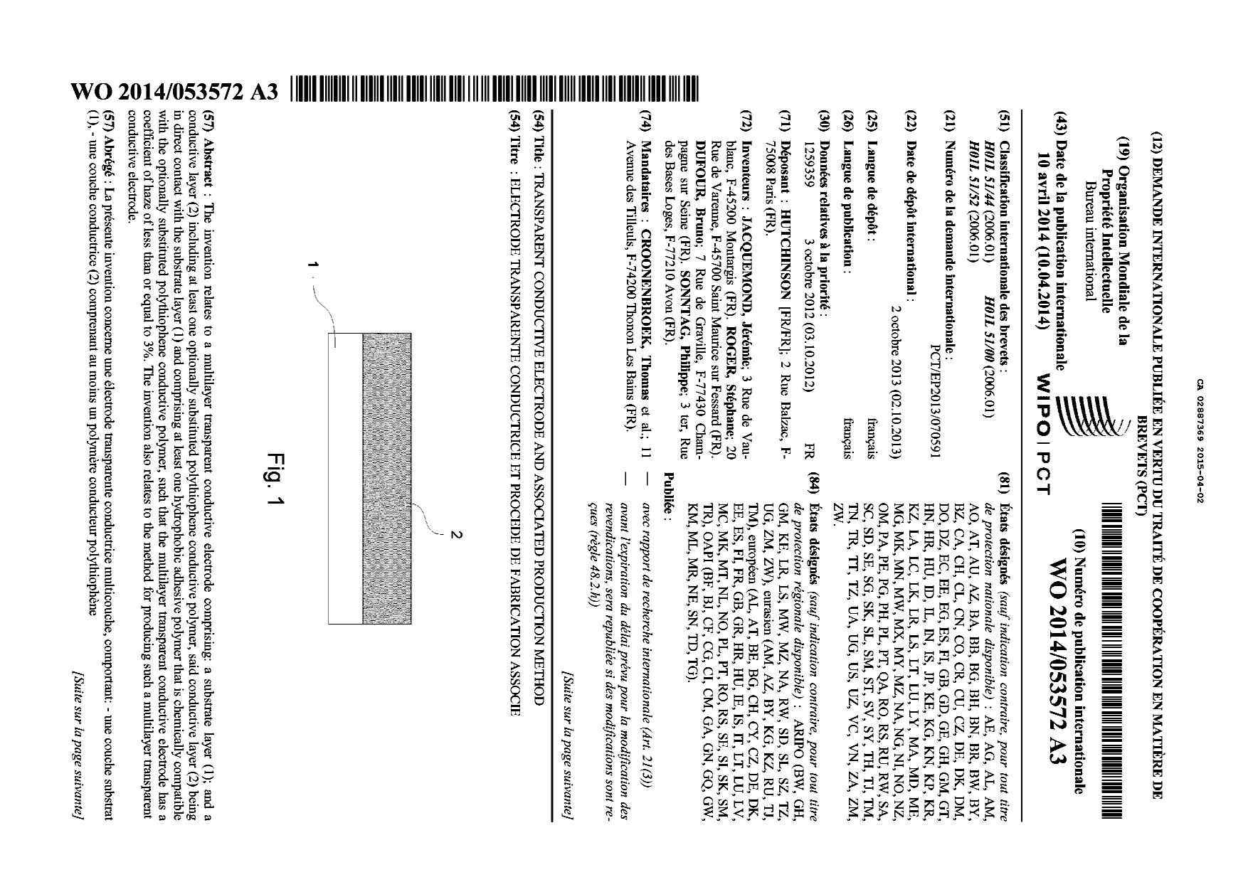 Document de brevet canadien 2887369. Abrégé 20141202. Image 1 de 2