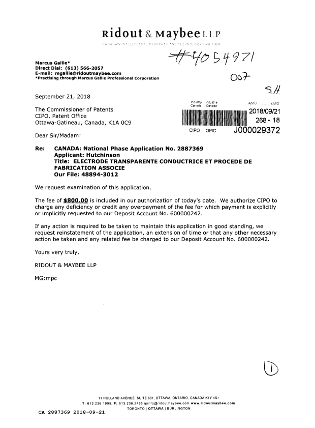 Document de brevet canadien 2887369. Requête d'examen 20180921. Image 1 de 1
