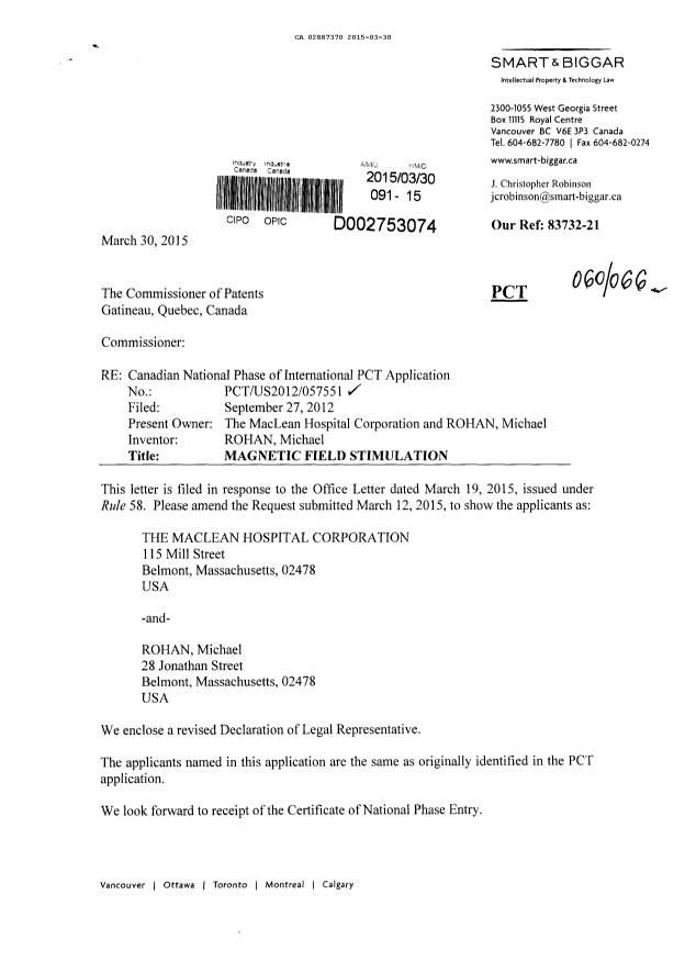 Document de brevet canadien 2887370. Correspondance 20141230. Image 1 de 2