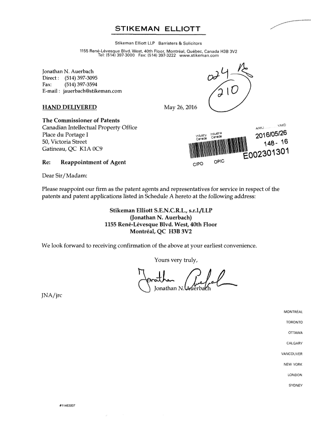 Document de brevet canadien 2887390. Correspondance 20151226. Image 1 de 16