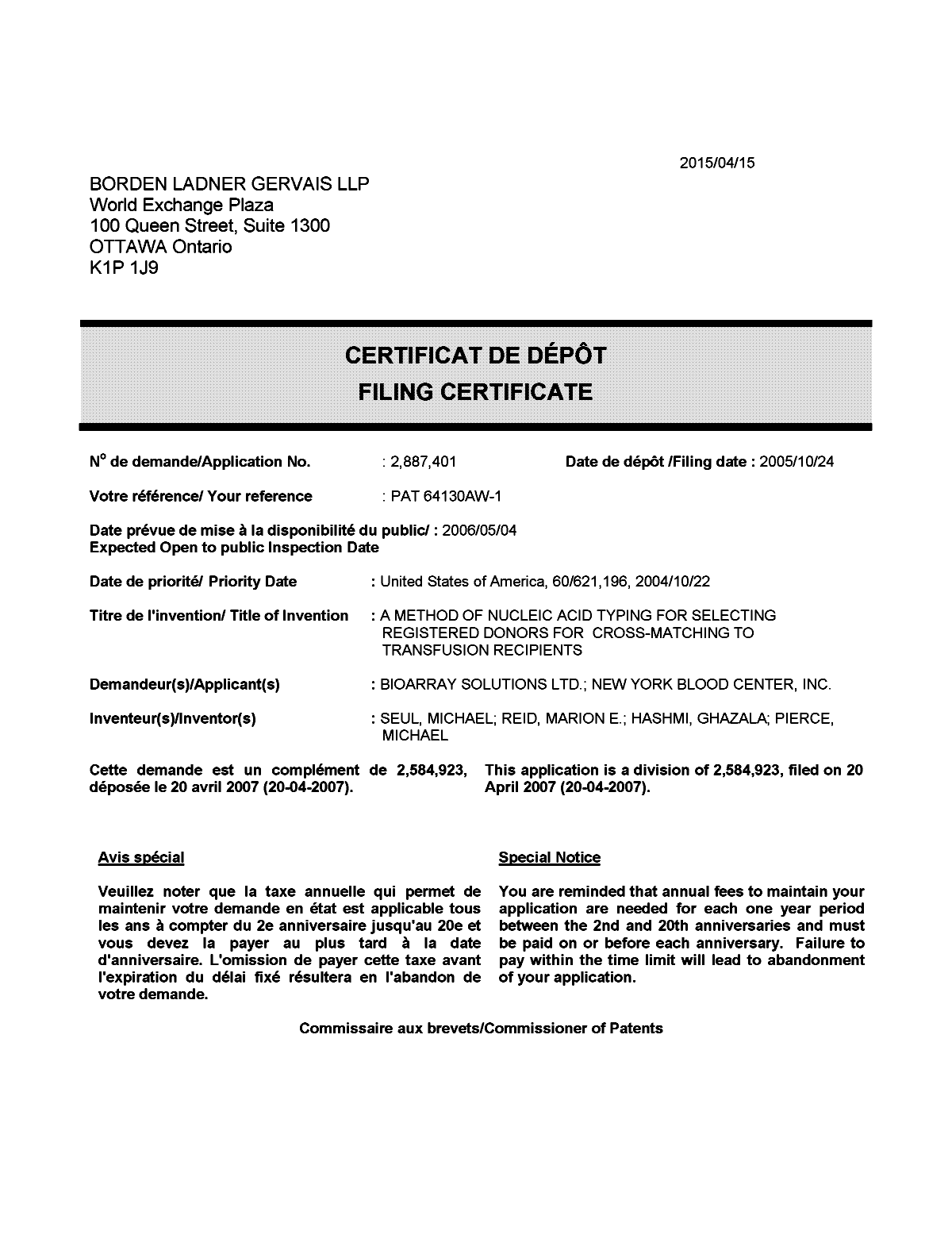 Document de brevet canadien 2887401. Correspondance 20141215. Image 1 de 1