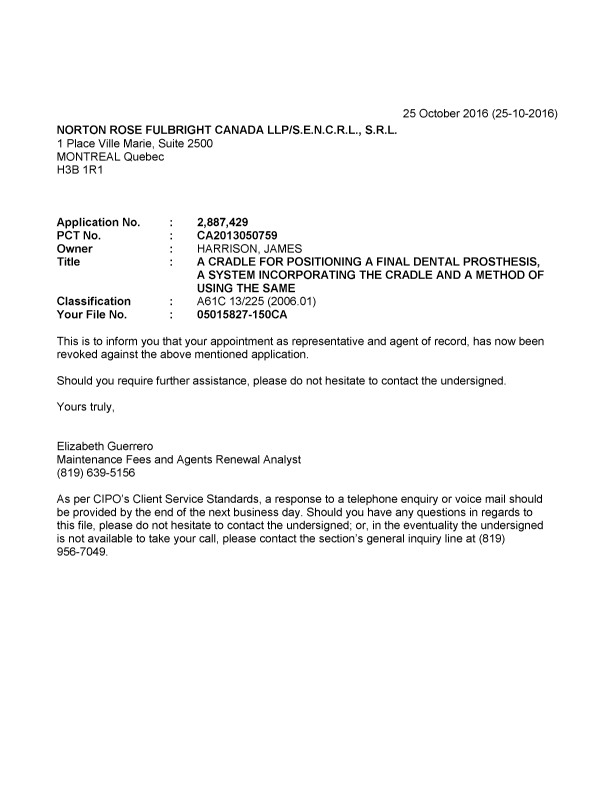 Document de brevet canadien 2887429. Correspondance 20151225. Image 1 de 1