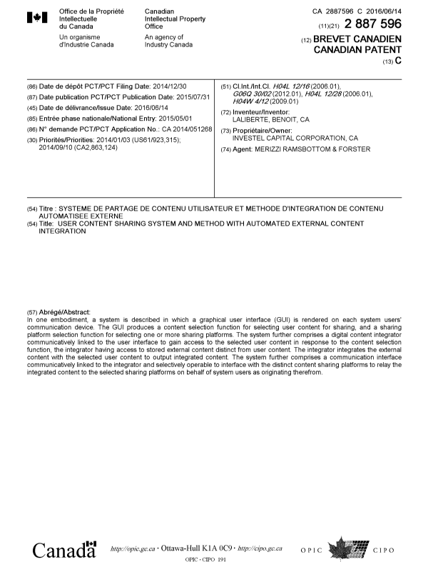 Canadian Patent Document 2887596. Cover Page 20151226. Image 1 of 1