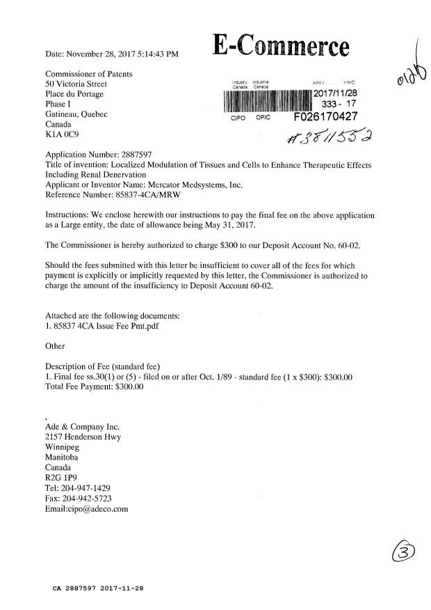Document de brevet canadien 2887597. Correspondance 20161228. Image 1 de 3