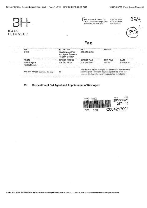 Document de brevet canadien 2887698. Correspondance 20151223. Image 1 de 10