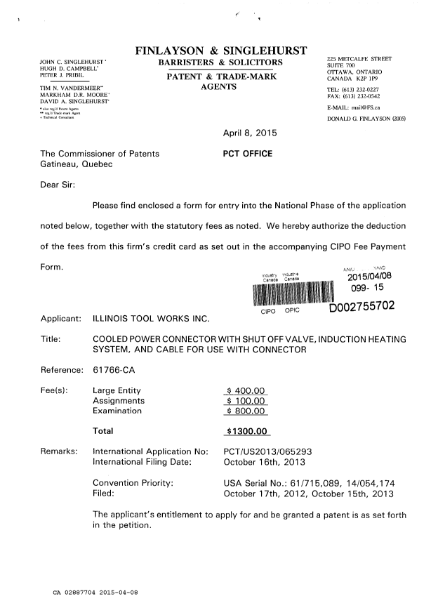 Document de brevet canadien 2887704. Cession 20150408. Image 1 de 7