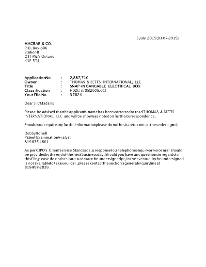 Document de brevet canadien 2887710. Lettre du bureau 20150703. Image 1 de 1