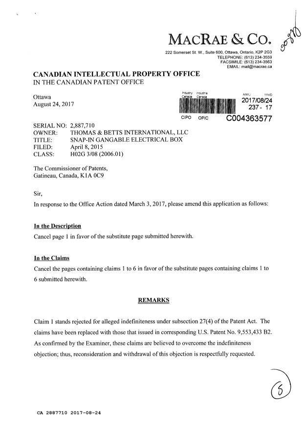 Document de brevet canadien 2887710. Modification 20170824. Image 1 de 5
