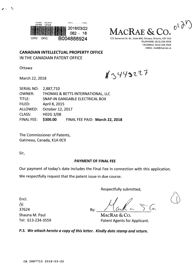 Document de brevet canadien 2887710. Taxe finale 20180322. Image 1 de 1